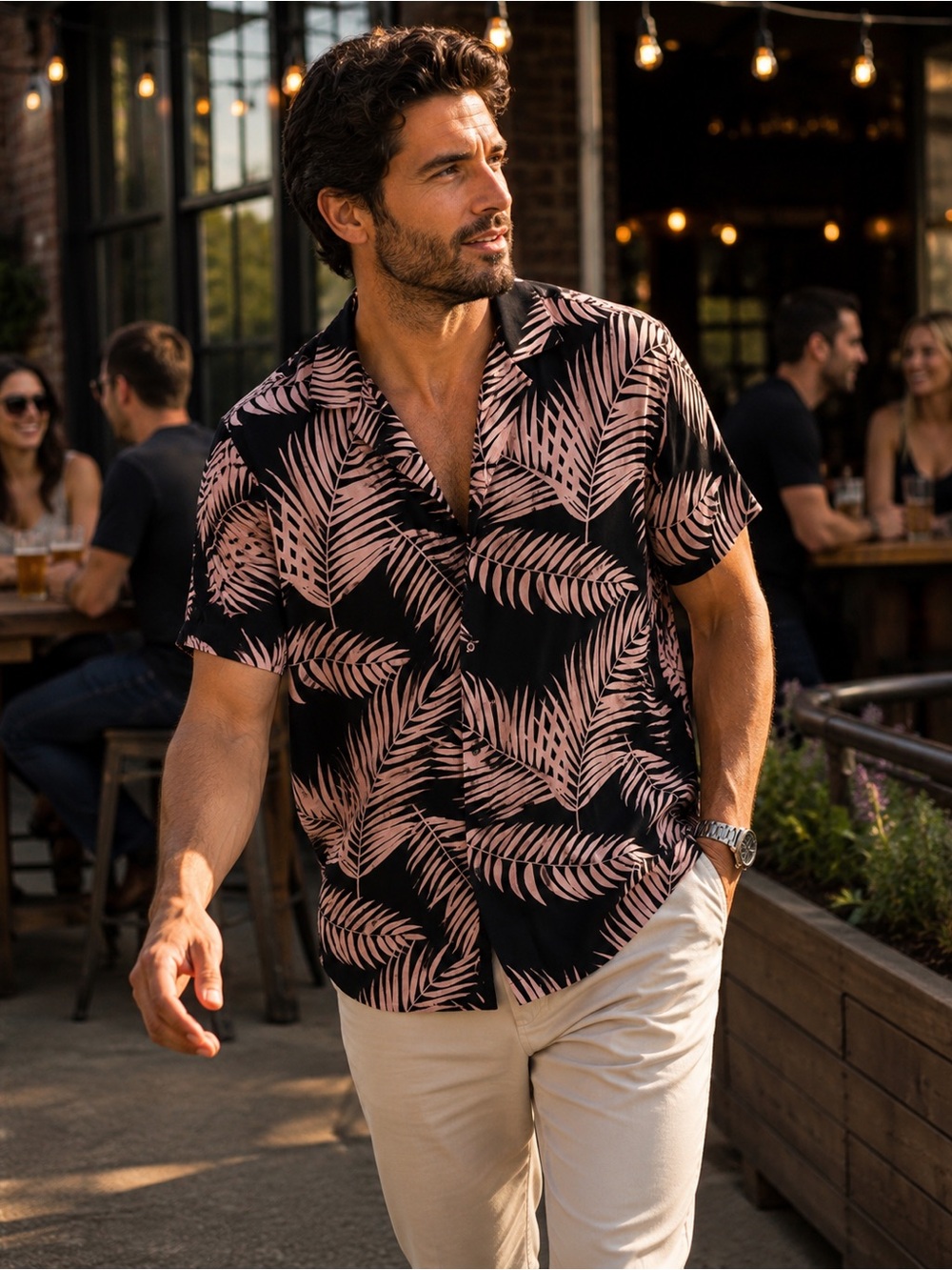 Denim & Flower Ricky Singh Palm Leaf Camp Shirt XL Pink Black Viscose